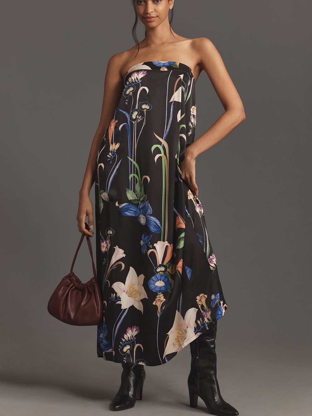 Strapless Black Floral Maxi Dress